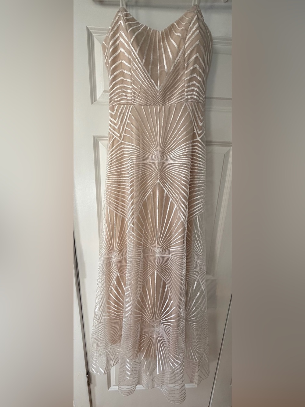 Neutral Beaded Maxi Dress with Geometric Sequin Pattern